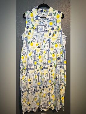 Sleeveless Lemon-Print Maxi Dress with Collar - White/Yellow/Blue